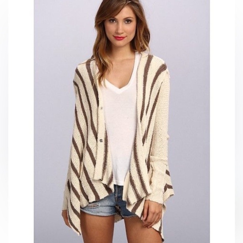 Free People‎ Womens Cardigan Sweater Striped Knit Waterfall Snap Front Pockets M